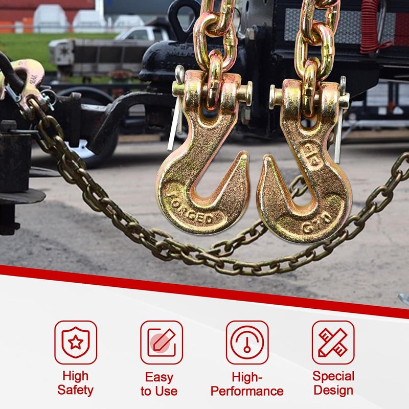 BIGREAT Heavy Duty G80 Transport Binder Chain 1/4'' Inch x 12 Feet,Tow Chain with G70 Clevis Grab Hooks,3300 lbs Safe Working Load Logging for Transporting, Towing(1/4'' x 12FT Yellow). - Image 5